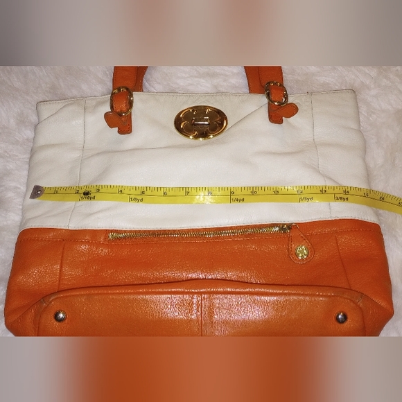 Emma Fox Colorblock Shoulder Bag. Goldtone Hardware. Double Sided. Logo. Orange. - Picture 7 of 13